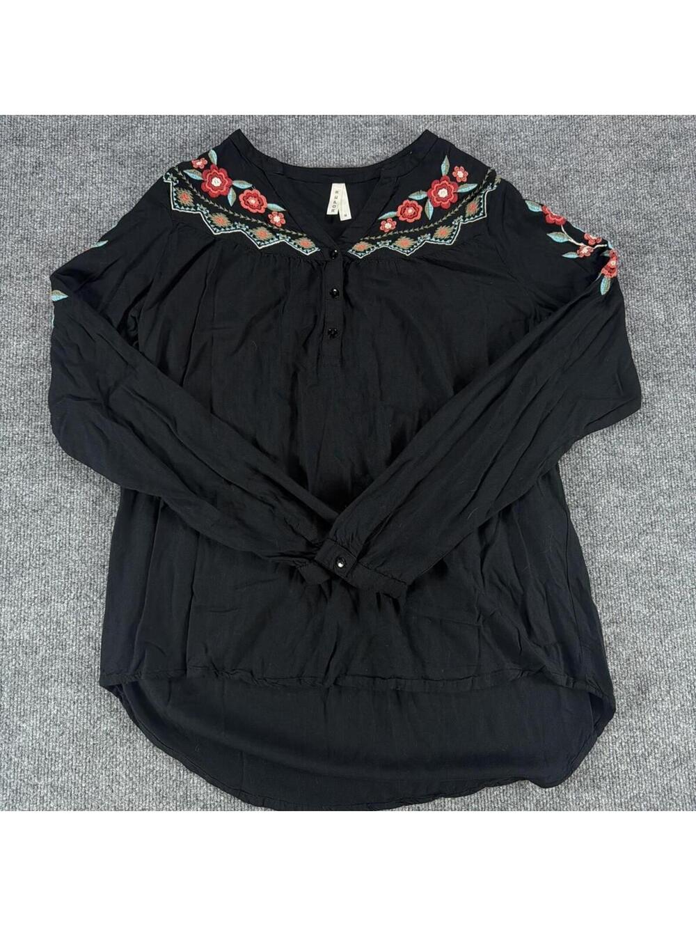 Roper Black Long Sleeve‎ Embroidered Floral Blouse Size M Western, Loose, Casual